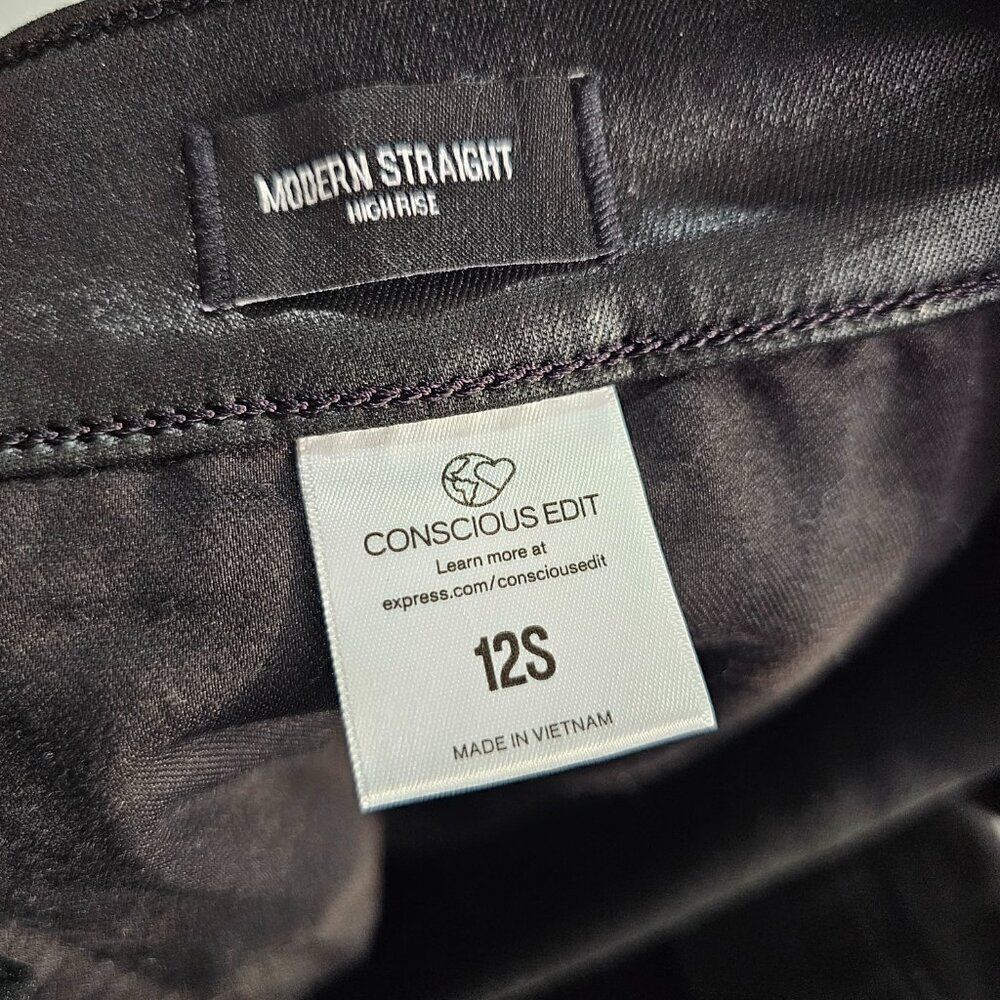 NWT EXPRESS BLACK MODERN STRAIGHT HIGH RISE LEATHER LOOK PANTS SIZE 12 SHORT - Picture 12 of 16